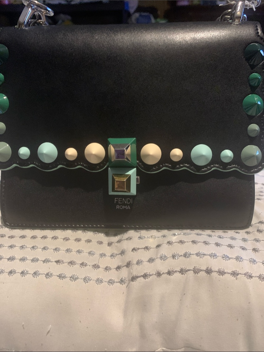 Fendi Black Shoulder Bag with Mint and Cream Studs